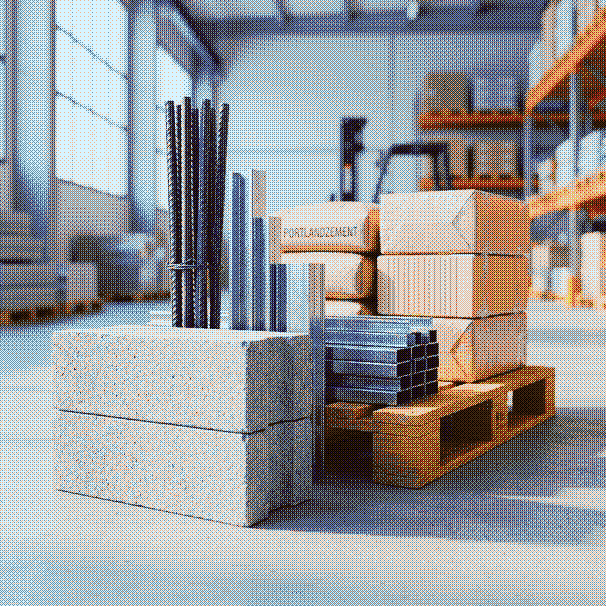 Baustoffe und Fertigteile auf einer Baustelle