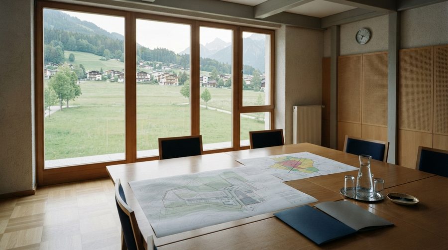 Besprechungsraum einer Gemeinde mit ausgebreitetem Lageplan und unbebauter Wiese vor dem Fenster