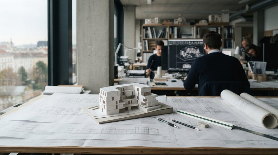 Architekturbüro mit Bauplänen, Maßstab und weißem Massenmodell auf dem Zeichentisch