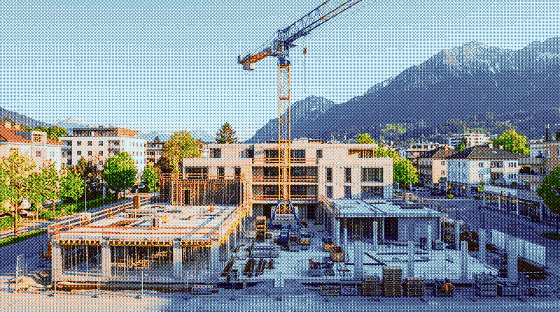 Hochbauprojekt im Rohbau in einer österreichischen Stadt
