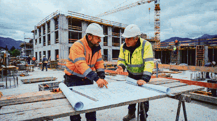 Zwei Baufachleute besprechen einen Grundriss auf einer österreichischen Baustelle